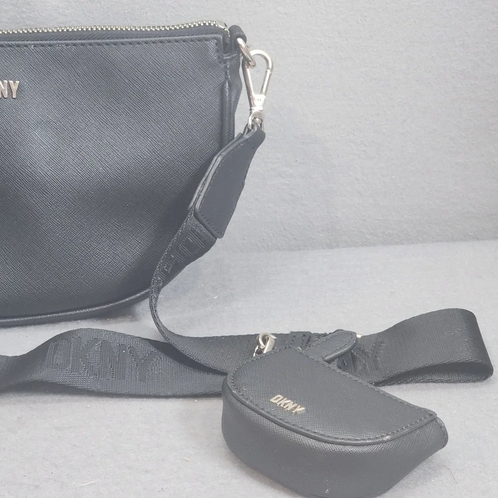 DKNY Crossbody Bag Black Saffiano Leather Logo Strap Coin Purse Womens Small